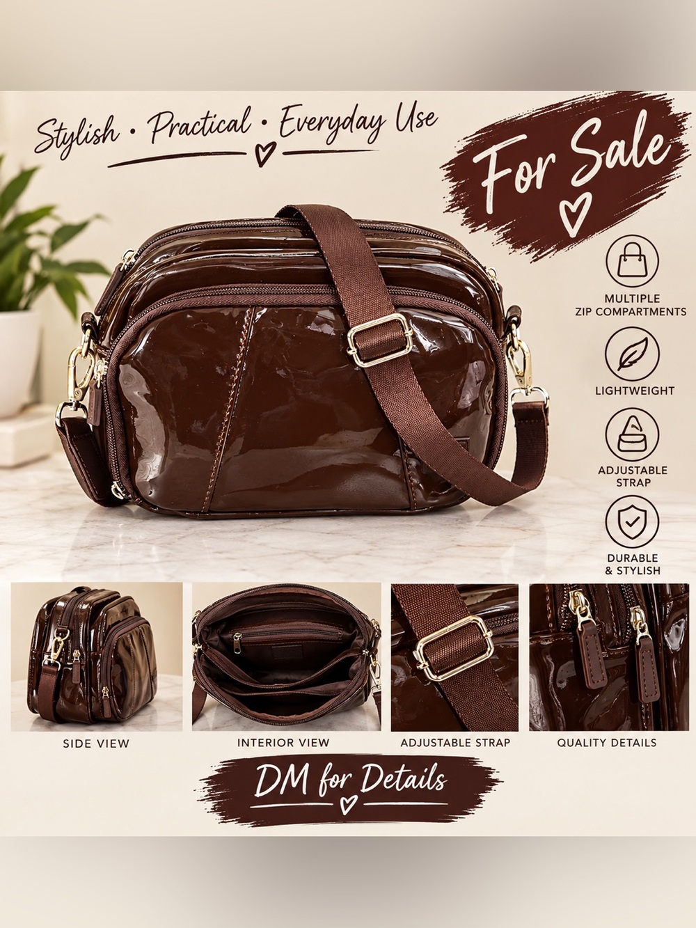 Crossbody Bag in Dark Brown Patent - Adjustable Strap